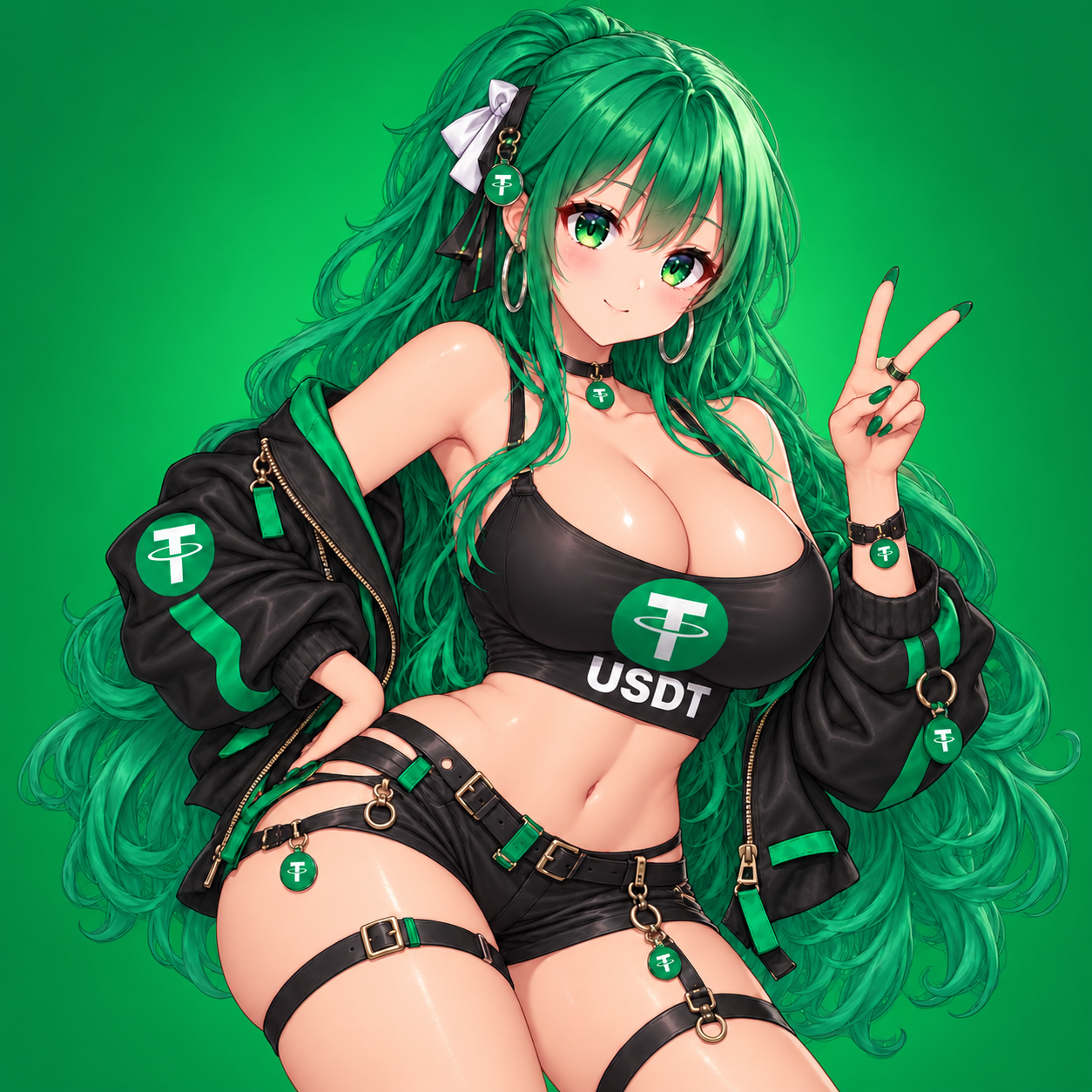 The green-haired $USDT girl in a black USDT crop top and jacket, throwing a peace sign