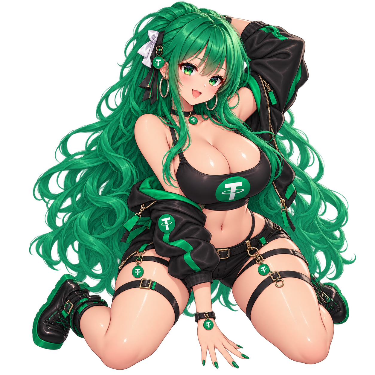 Green-haired anime girl in a black and green Tether streetwear outfit